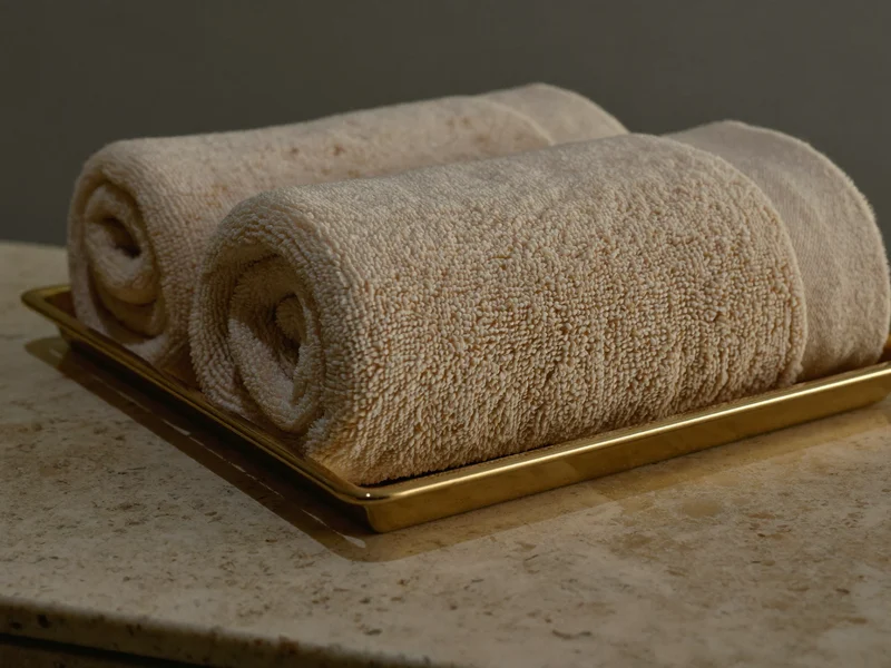 Drei aufgerollte Handtücher in Sand in einer flachen Messingschale auf Steinplatte