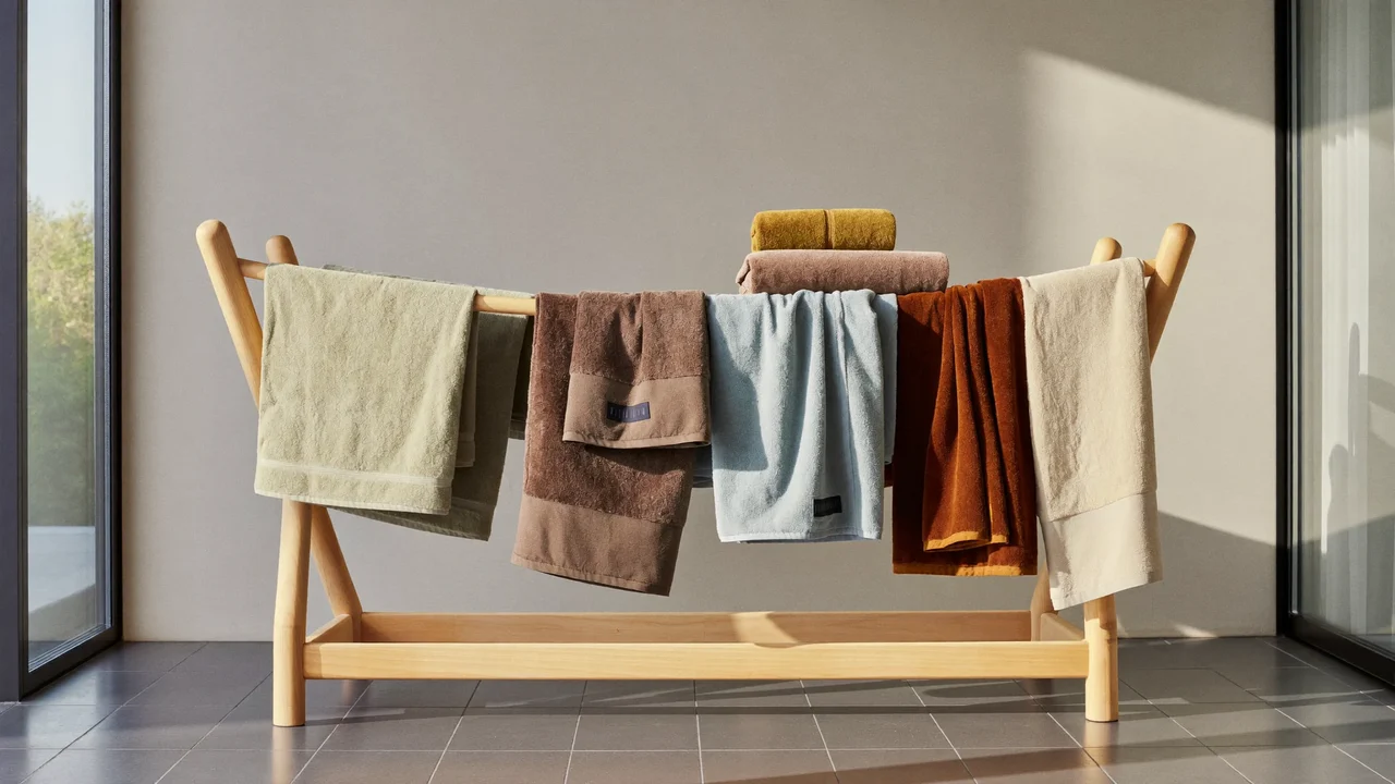 Frisch gewaschene Handtücher trocknen auf einem Holzständer in sonniger Waschecke